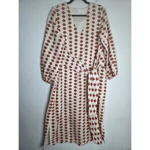 Corey Lynn Calter Beige Red "Aviva" Printed Puff Sleeve Cotton Midi Dress sz 14